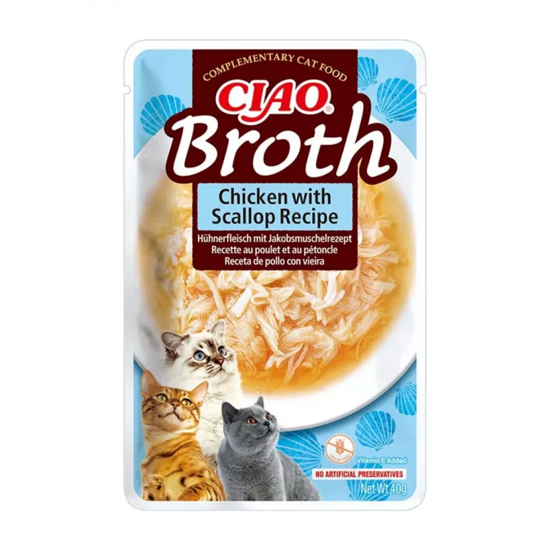 INABA Ciao Broth kaķu našķi, vista, zivs un ķemmīšgliemenes, 10 x 40 g