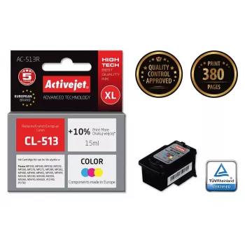 Tintes kasetne ActiveJet AC-513R saderīga Canon CL-513, 15 ml, krāsu (C/M/Y), XL augstas ietilpības, atjaunota premium