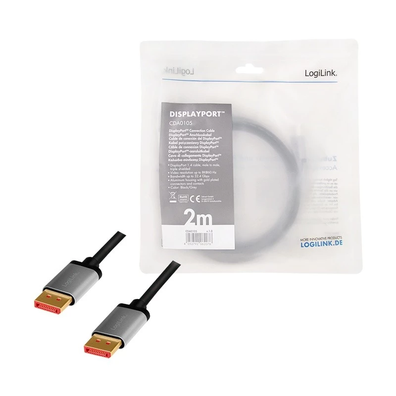 DisplayPort kabelis LogiLink CDA0105 2 m Pelēks Melns
