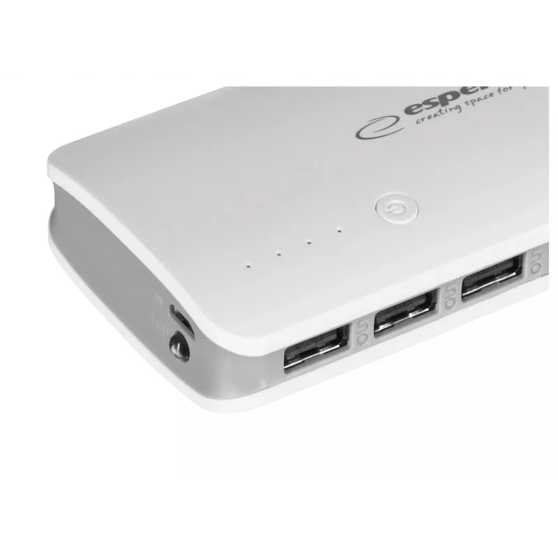 Pārnēsājamais lādētājs Esperanza EMP106WE Radium — 8000 mAh, 3 ierīču izvads, Micro-USB ieeja, 5V/2A un 5V/1.5A/1A izvadi, pelēks