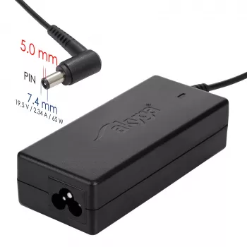Akyga AK-ND-05 klēpjdatora barošanas adapteris 19,5 V / 3,34 A, 65 W, 7,4 x 5,0 mm spraudnis ar tapu, paredzēts Dell