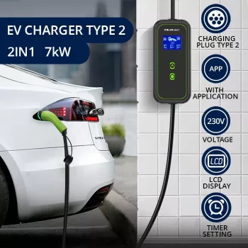 Qoltec Mobilais EV Auto Lādētājs Regulējams 2in1 Type2 | 7kW | 230V | CEE 3 PIN | Wi-Fi | LCD | Pārnēsājams | Wallbox | 5m