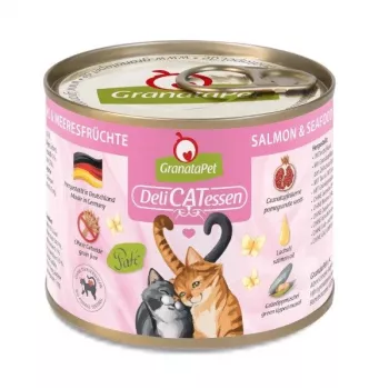 Slapjā barība kaķiem Fox4Pets DeliCATessen lasis jūras veltes 200 g skārdenē, pilnvērtīga pieaugušo diēta, 10.2% proteīns, 5.5% tauki, 80% mitrums