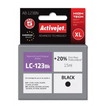 Activejet AB-123BN tintas kasetne (aizstāj Brother LC123Bk/LC121Bk; Supreme; 15 ml; melna)
