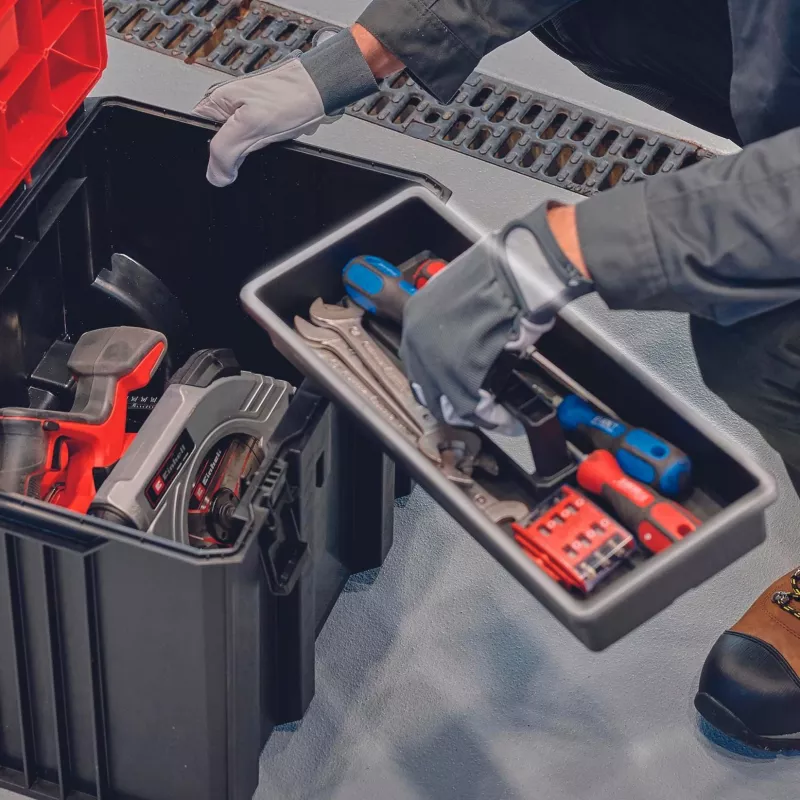 Einhell 4540021 E-Case M sistēmas instrumentu kofers, kaste darbarīkiem, polipropilēns, 90 kg nestspēja, melns/sarkans