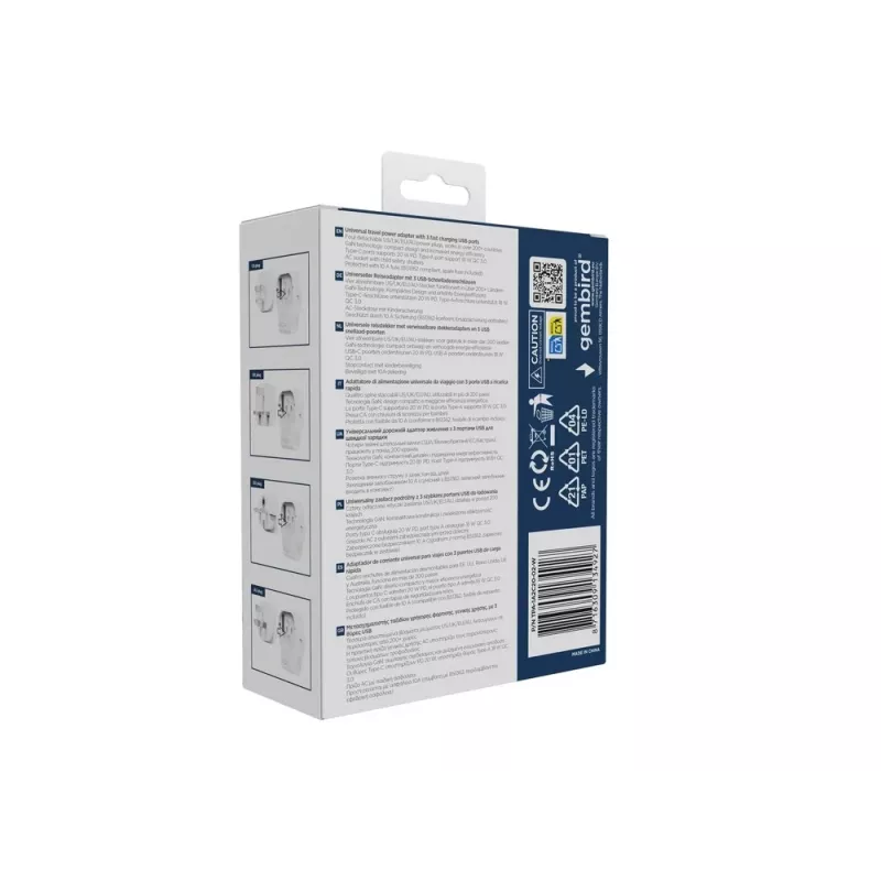 Ceļojumu sienas lādētājs GEMBIRD TPA-1A2C20-02-W 20W — 1×USB-A + 2×USB-C, G tipa kontaktdakša, 100–250V, balts
