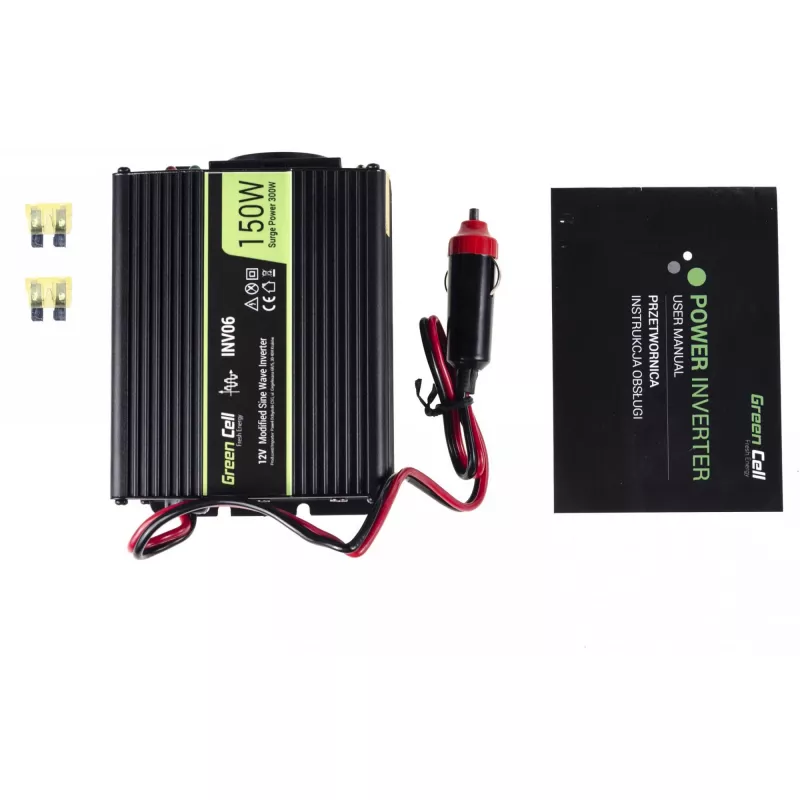 Invertora barošanas adapteris Green Cell INV06 12V uz 230V 150W 50Hz C tipa spraudnis, 85% efektivitāte, melns