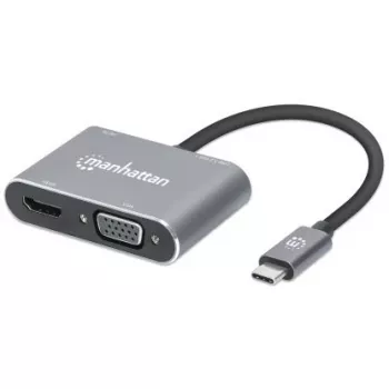 Manhattan USB-C dokstacija/centrmezgls, 4 porti: HDMI, USB-A, USB-C un VGA, ar Power Delivery (PD) 87W — nepieciešams ārējs USB-C lādētājs (nav iekļauts), USB barošana (nav nepieciešams ārējais barošanas avots), ja PD netiek izmantots, alumīnijs