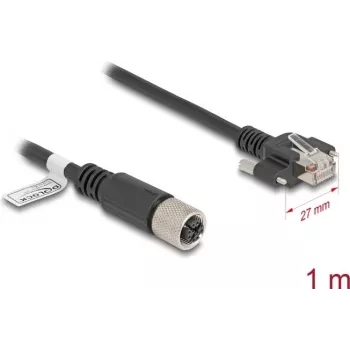 DeLOCK M12 X-kodēts 8-pin sievišķais uz RJ45 vīrišķo Cat.6A tīkla kabelis 1 m melns