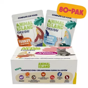 ANIMAL ISLAND tītara/baltās zivs konservi buljonā kaķiem 80x85g