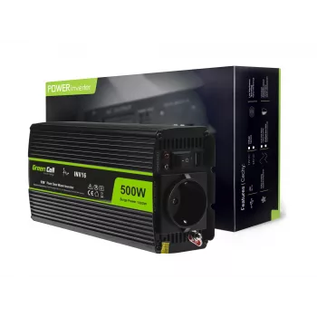 Automašīnas sprieguma pārveidotājs Green Cell INV16 500 W 12 V DC uz 230 V AC, 50 Hz, USB ports, aktīvā dzesēšana, melns