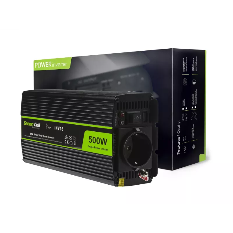 Automašīnas sprieguma pārveidotājs Green Cell INV16 500 W 12 V DC uz 230 V AC, 50 Hz, USB ports, aktīvā dzesēšana, melns