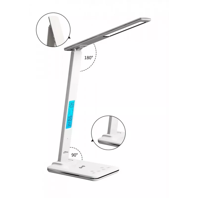 Media-Tech MT222 Leditou LED galda lampa ar 15 W Qi bezvadu uzlādi, pulksteni, modinātāju, termometru, baltā krāsā