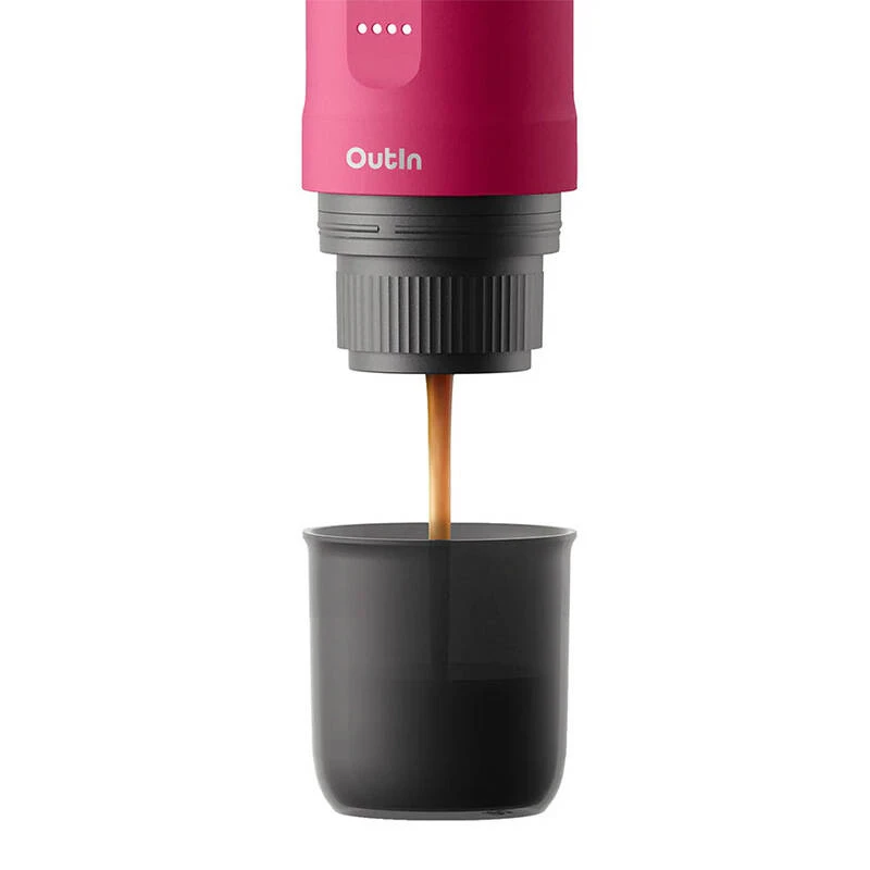 Pārnēsājama espresso kafijas automāts OUTIN Nano Melns, Rozā — 20 bāri, maltā kafija, 7500 mAh akumulators, 670 g