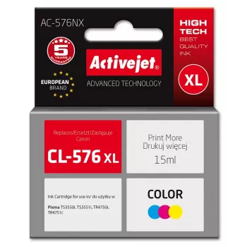 Aktīvā tintes kasetne ActiveJet AC-576NX saderīga Canon CL-576XL, augstas ražības, dzeltena/sarkana/zila, 15 ml