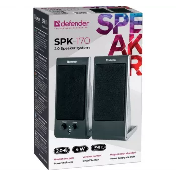 Skaļruņi DEFENDER SPK-170 2.0, 4 W RMS, vadu USB 5 V, 3,5 mm, melni