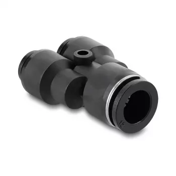 Pneimatiskais Y-savienotājs DELOCK 2×8 mm uz 1×12 mm ar montāžas caurumu, metāls/plastmasa, sieviešu vītne, 50,5 mm