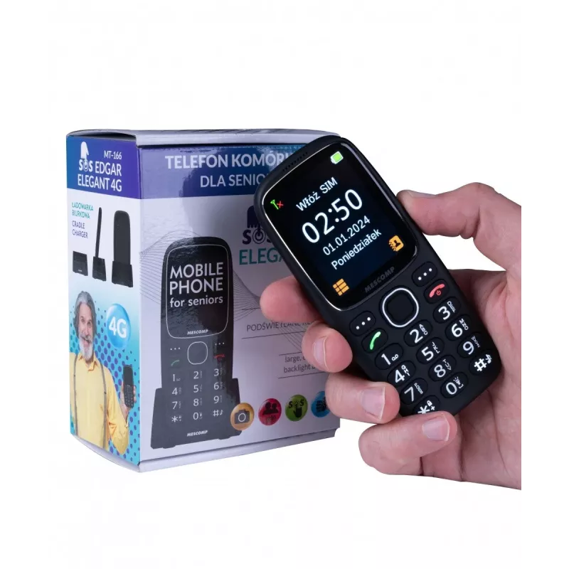 Mobilais telefons Mescomp MT-166 Edgar Elegant, senioriem, 4G, Melns
