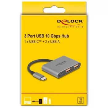 USB centrmezgls DELOCK 64337 — USB 3.2 Gen 2 Type-C, 3 porti (Type-C + 2× Type-A), 10 Gbit/s, pelēks, metāla korpuss