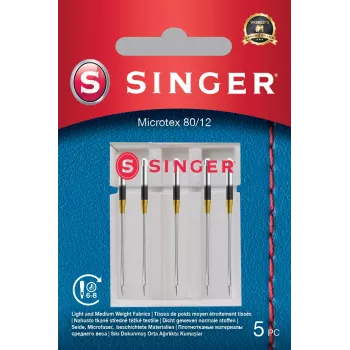 Adata Microtex SINGER 250053203 izmērs 80/12 — smalka asa adata precīzai šūšanai uz viegliem audumiem