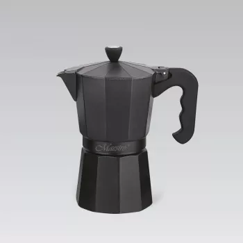 Moka pot Maestro MR-1666-6-BLACK — manuāla plīts kafijas kanniņa, 6 tases, 300 ml, melns alumīnijs