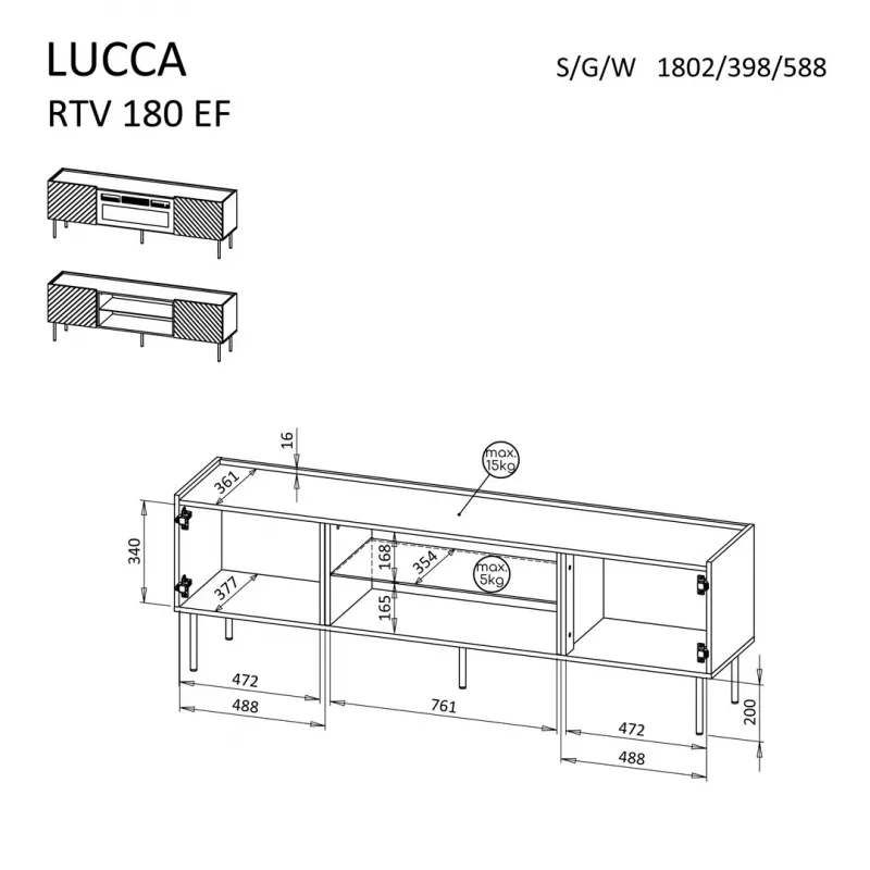 TV skapis cama meble LUCCA 180x40x59 cm, balta virsma un rāmis, melns elektriskais kamīns