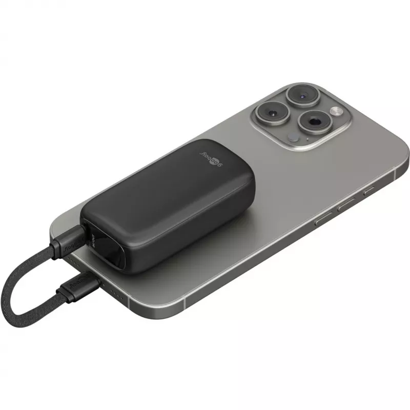 Powerbank 5.000 mAh ar integrētu USB-C kabeli 13cm, 20W (melns, 5 Ah, 1x USB-A, 1x USB-C, PD, QC)