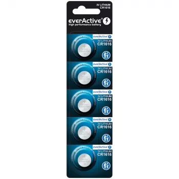 Monētu baterija everActive CR1616 3V, 50 mAh, 16 mm – 5 gab. iepakojums