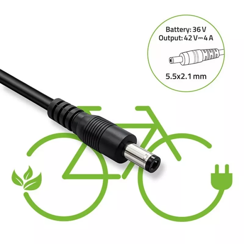Lādētājs QOLTEC 36V–42V 4A e-velosipēdam, līdzstrāvas spraudnis 5.5×2.1 mm