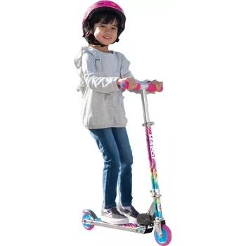 Bērnu skrejritenis Razor A Tie-Dye — alumīnija salokāms 2-riteņu skrejritenis, regulējams stūres augstums, ABEC-5, maks. slodze 65 kg