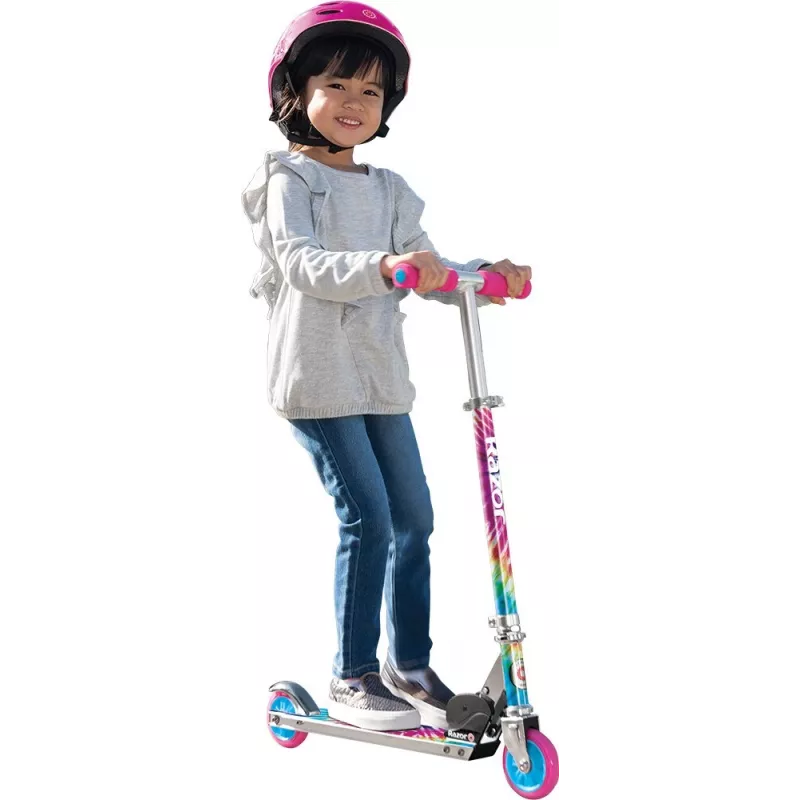 Bērnu skrejritenis Razor A Tie-Dye — alumīnija salokāms 2-riteņu skrejritenis, regulējams stūres augstums, ABEC-5, maks. slodze 65 kg