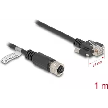 DeLOCK M12 D-kodēts 4 kontaktu sievišķais uz RJ45 spraudni Cat.5e 1 m Melns tīkla kabelis