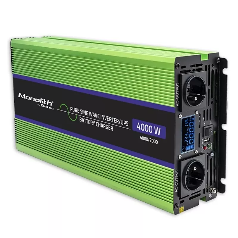 Qoltec Monolith sprieguma pārveidotājs | Akumulatora lādētājs | UPS | 2000W | 4000W | 12V uz 230V | Tīrs sinusoidāls | LCD melns-zaļš
