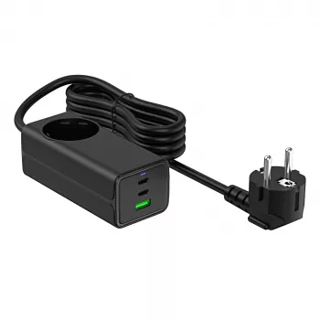 Akyga AK-CH-21 GaN USB lādētājs 65 W, 2 x USB-C + USB-A, ar elektrības kontaktligzdu, 1,5 m, melns