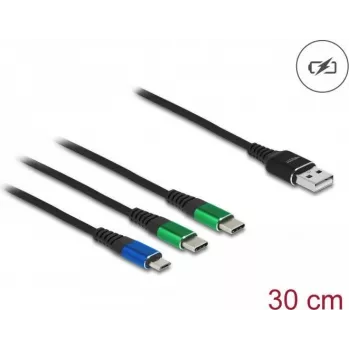 DeLOCK USB lādēšanas kabelis 3-in-1 Type-A uz Micro USB / 2 x USB Type-C 30 cm