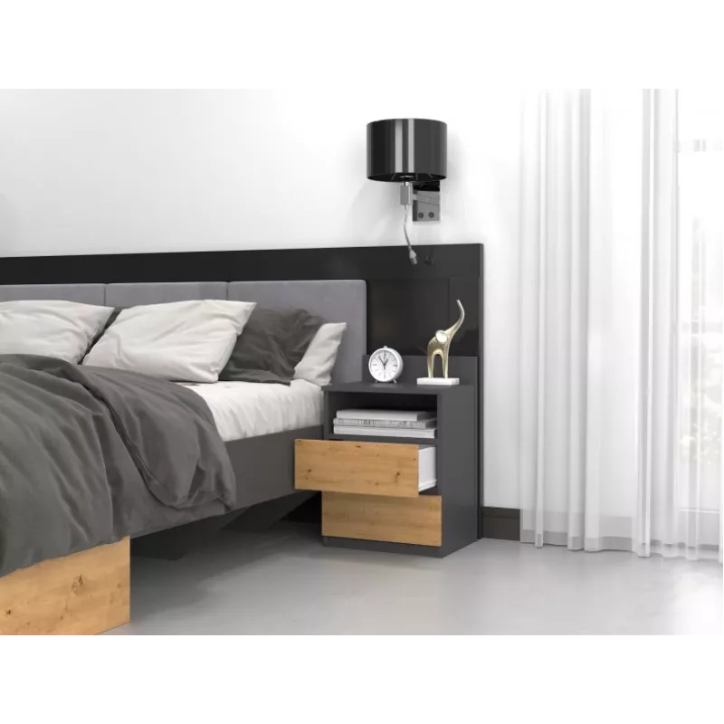 Naktsgaldiņš Top e shop M1 ANTRACĪTS/ARTISAN, Ozols, 2 atvilktnes, 400×320×590 mm