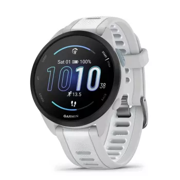 Garmin Forerunner 165 — viedpulkstenis skriešanai, GPS, AMOLED 1.2 collas, 4 GB, 5 ATM, 11 dienu akumulators, pelēks korpuss, balta siksniņa