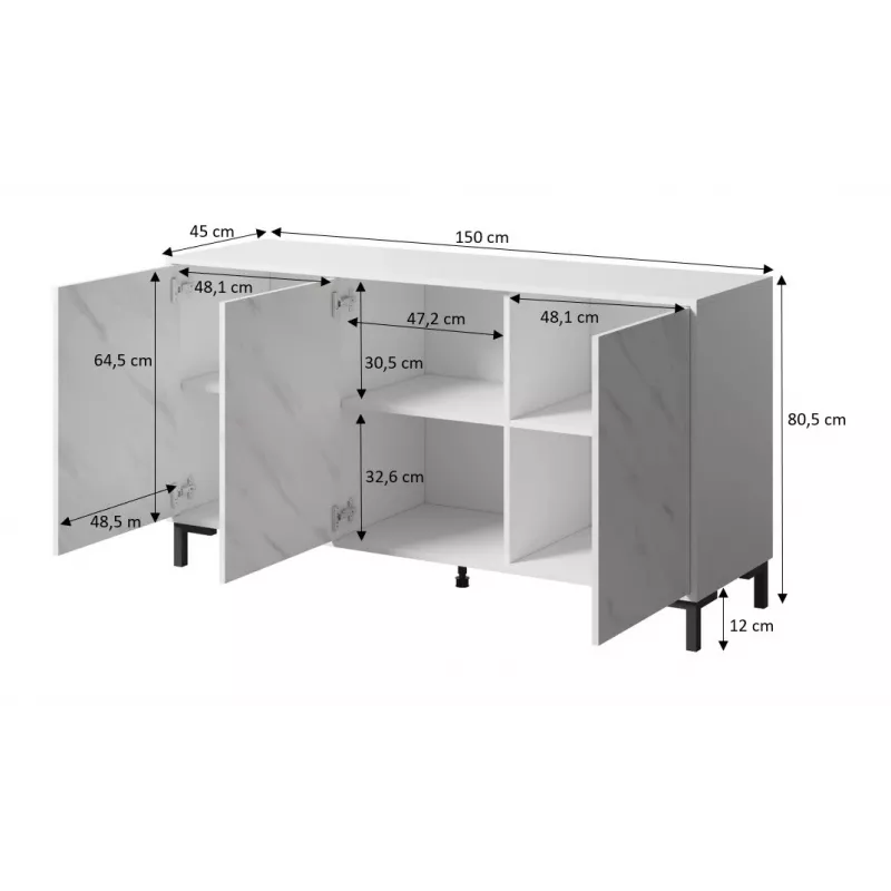 MARMO 3D kumode 150x45x80.5 cm balts matēts/marble balts