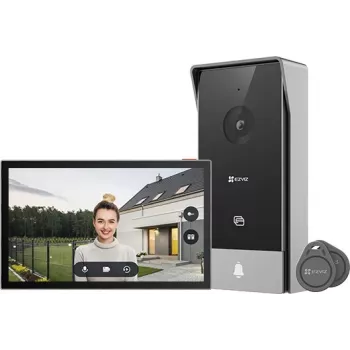 Video interkomu komplekts EZVIZ HP5 7 collu (17,8 cm) iekštelpām/ārā, 1080p, 2,4/5 GHz Wi‑Fi, MicroSD līdz 512 GB, ūdensizturīgs