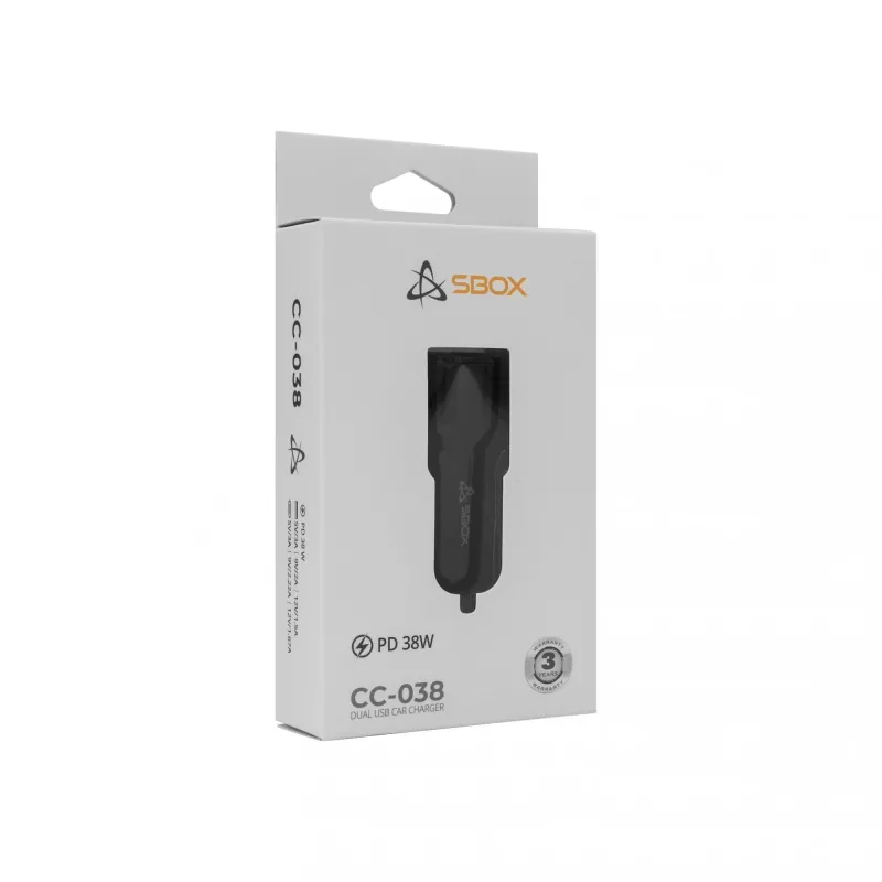 Auto lādētājs SBOX CC-038 38W Melns — divu portu USB barošanas adapteris transportlīdzeklim