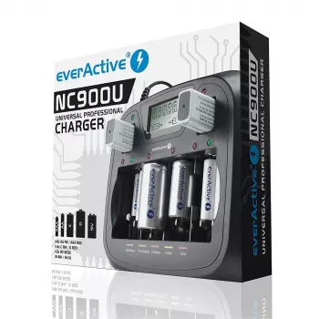 Lādētājs everActive NC-900U Universāls DC — lādē AA, AAA, C, D, 9V, līdz 6 šūnām, melns