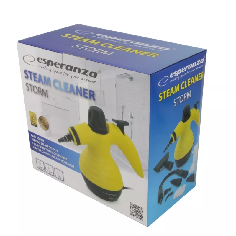 Portatīvais tvaika tīrītājs ESPERANZA EHS001 — 0.35 L, 900 W, 3 bāri, 115°C, 40 g/min, komplektā grīdas/mīksto mēbeļu/suku sprauslas