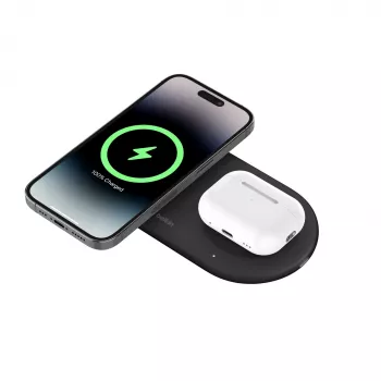 Belkin WIZ021VFBK - 2-in-1 bezvadu uzlādes paliktnis ar Qi2 tehnoloģiju 15 W, melns