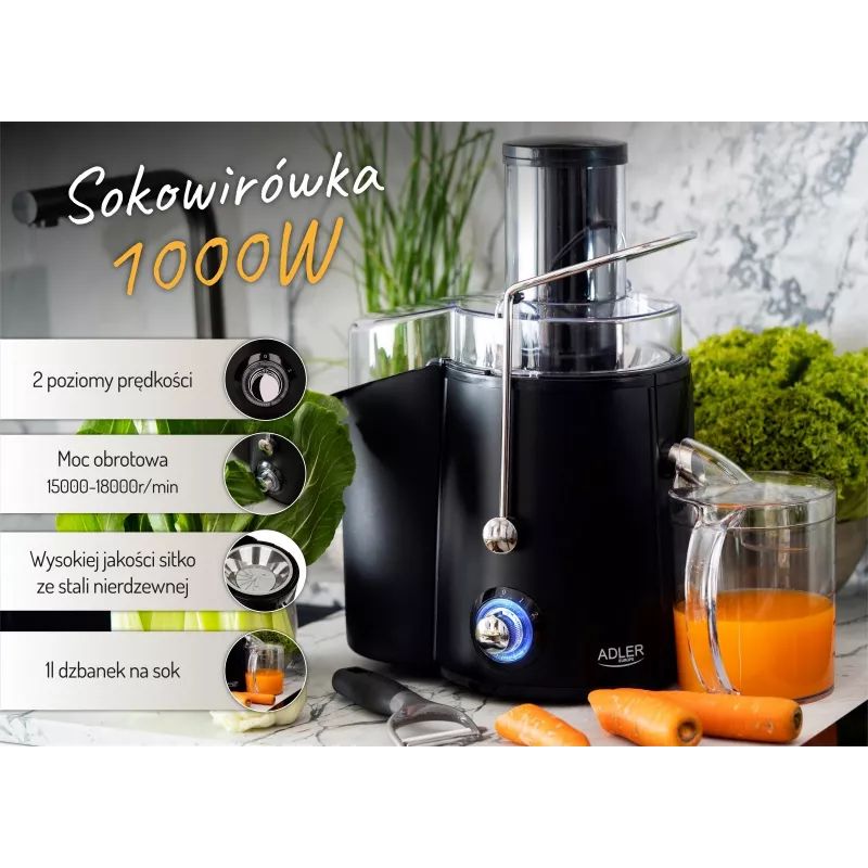 Centrbēdzes sulu spiede Adler AD 4127 — 1000 W, melna, ar sulas trauku, 3.9 kg