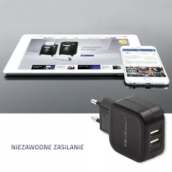 QOLTEC 50186 iekštelpu lādētājs viedtālruņiem un planšetdatoriem, 5 V 3,4 A, 17 W, 2× USB, melns