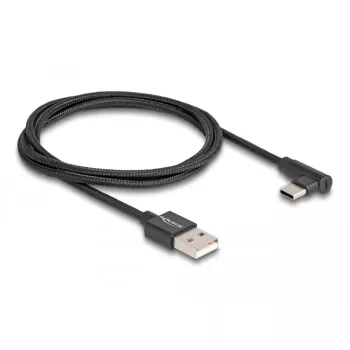 USB 2.0 kabelis, USB-A spraudnis > USB-C spraudnis (melns, 1 metrs, apvalkots, 90° leņķis)