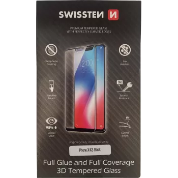 SWISSTEN 3D Full-Glue rūdīts stikls iPhone X/XS — melns, pilna pārklājuma