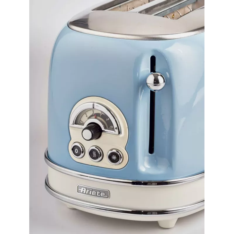 Ariete 155 Design 2 Slots Toaster ar Sviestmaižu Turētājiem, 6 Grauzdēšanas Līmeņi, 810 W, Nerūsējošā Tērauda Korpuss, Noņemama Drupaču Paplāte, Pasteļzils