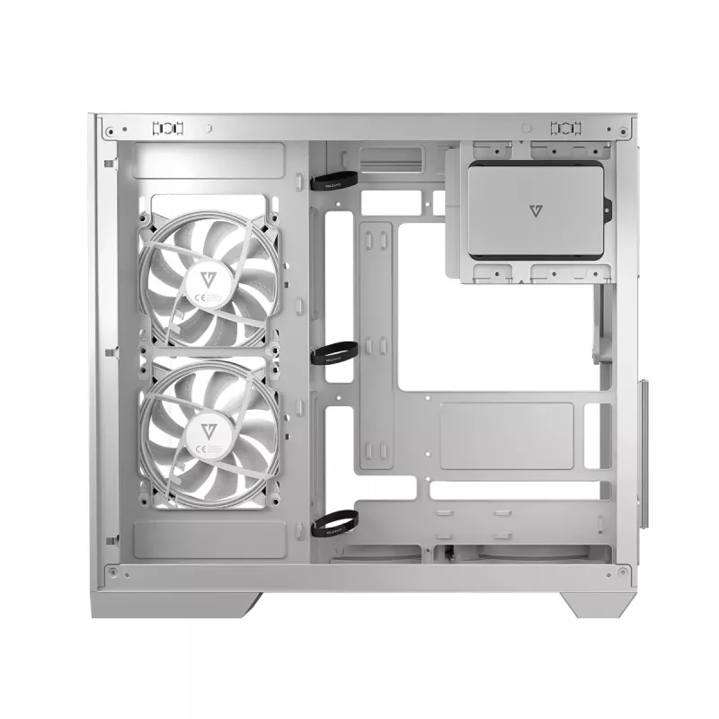 PC korpuss MODECOM Volcano Panorama Midi Tower balts — micro ATX, rūdīts stikls, ARGB, USB-C, atbalsta GPU līdz 400 mm