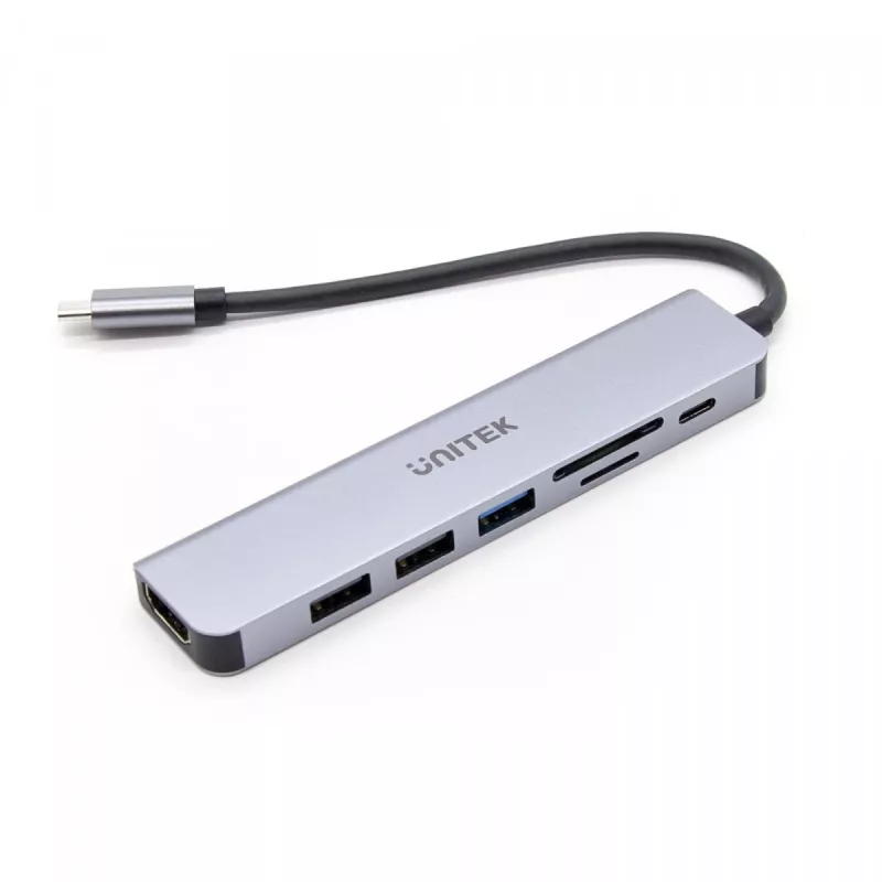 USB-C centrmezgls Unitek 7in1 Alumīnijs PD 100W 5 Gbps — daudzportu adapteris ar Power Delivery
